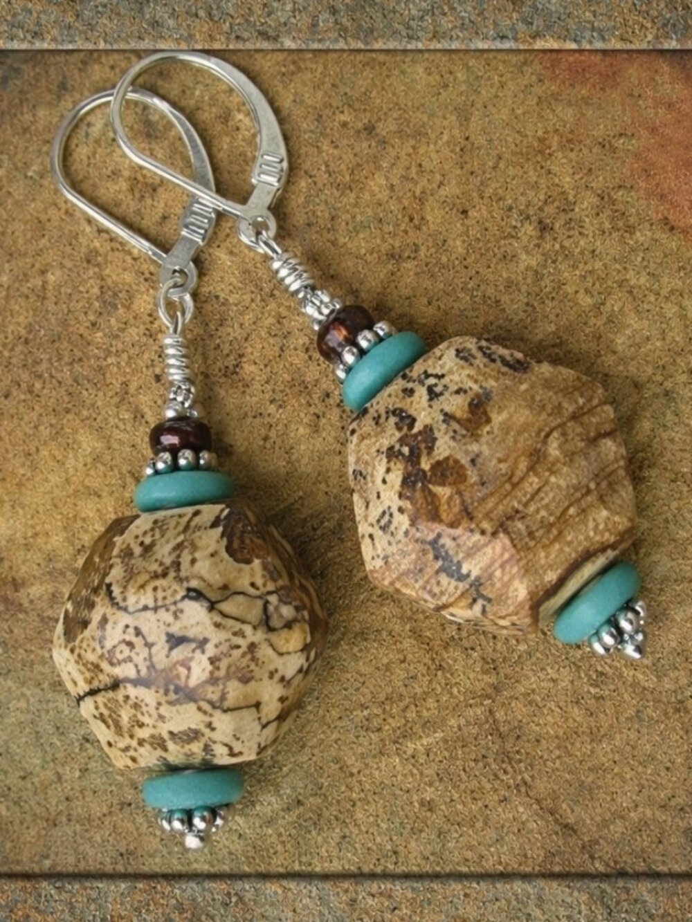 Picture Jasper Dangle Earrings, 925 Sterling Silver, Artisan Handcrafted